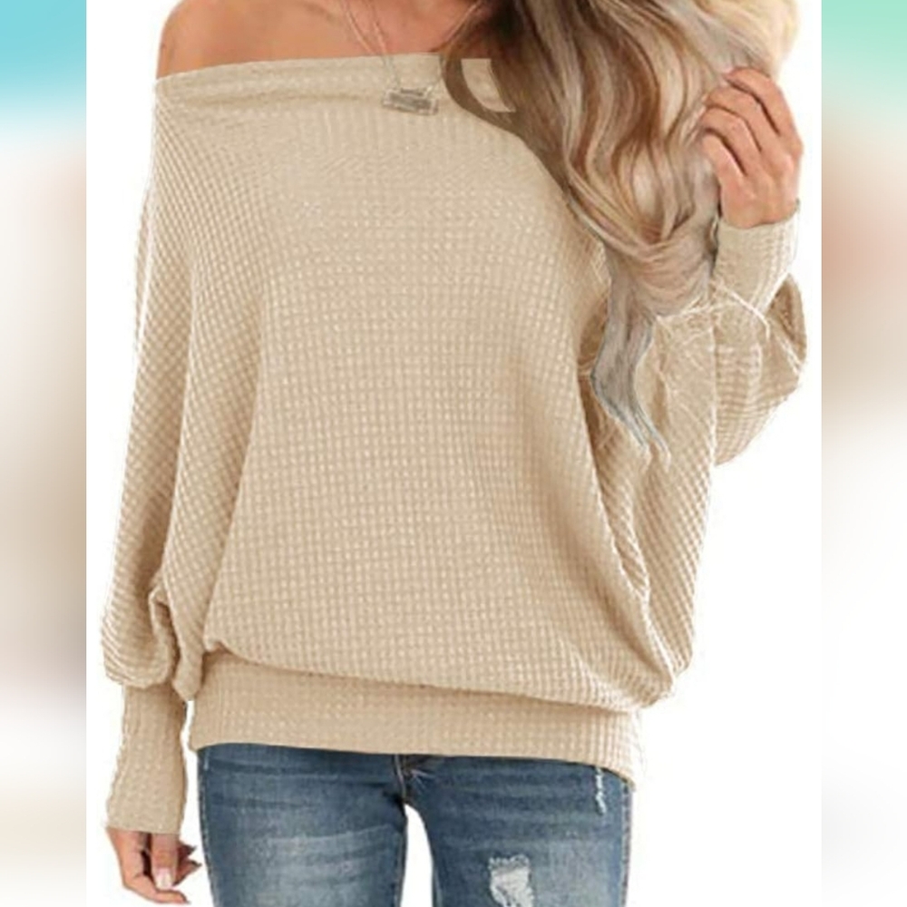 Lacozy Long/Dolman Sleeve Off Shoulder Waffle Knit Shirt, 2X, Beige